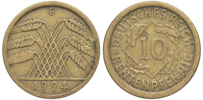 Германия 10 рентенпфеннигов 1924 E KM 33, J. 309 алюминиевая бронза 4604-645