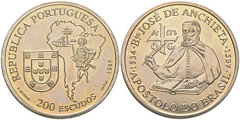 Португалия 200 эскудо 1997 390 лет со дня смерти Бенто ди Гойш KM 700 медно-никель UNC 4677-314