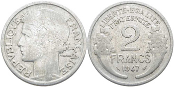 Франция 2 франка 1947 KM 886a.1, LE FRANC 269.10 алюминий 109-1226