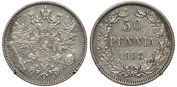 Россия для Финляндии 50 пенни 1908 L, Николай II (1894-1917) КМ 2.2, Биткин 403 серебро 75-841