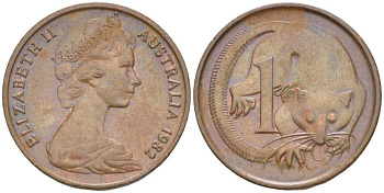 АВСТРАЛИЯ 1 ЦЕНТ 1982 ЕЛИЗАВЕТА II (1952-) МОЛОДОЙ ПОРТРЕТ, ОПОССУМ KM 62 бронза 4516-641