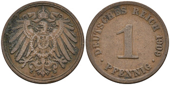 Германия 1 пфенниг 1909 A KM 10, J. 10 медь 4576-115