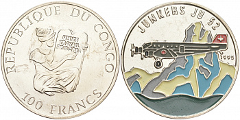 Конго 100 франков 1995 серия известные самолеты - Юнкерс U52 (Junkers Ju 52), цветная эмаль KM 21 медно-никель UNC M28-14