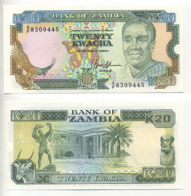 Замбия 20 квач ND (1989-1991) Кеннет Каунда, антилопа, президентский дворец, подпись Bussiere Pick 32 b бумага UNC (пресс) 2192-29-1