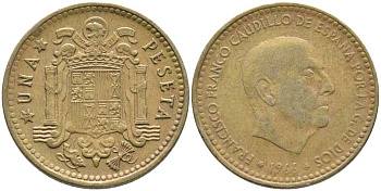 ИСПАНИЯ 1 ПЕСЕТА 1966 (71) ФРАНСИСКО ФРАНКО ДИКТАТОР ИСПАНИИ (1939-1975) KM 796 алюминиевая бронза 110-1243