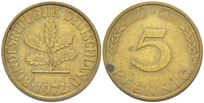 ФРГ 5 ПФЕННИГОВ 1972 F KM 107, J. 382 сталь плакированная латунью 4181-934