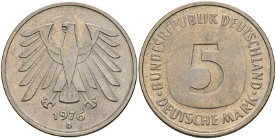 ФРГ 5 марок 1976 D KM 140.1, J. 415 медно-никель 4157-235
