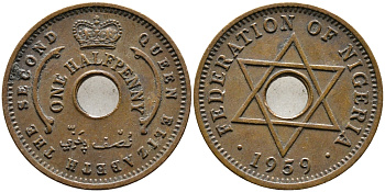 Нигерия 1/2 пенни 1959 Елизавета II (1952-), Британский протекторат KM 1 бронза 4387-358