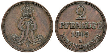 Брауншвейг-Каленберг-Ганновер 2 пфеннига 1863 B, Георг V (1851-1866) KM 234,aKS 153, J. 91 медь 4142-335
