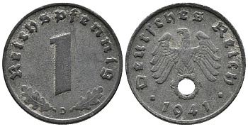 ГЕРМАНИЯ 1 РЕЙХСПФЕННИГ 1941 D KM 97, J. 369 цинк 39-1166
