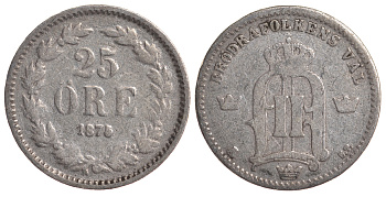 Швеция 25 эре 1875 ST, Оскар II (1872-1907) король Швеции и Норвегии KM 738 серебро 4179-813