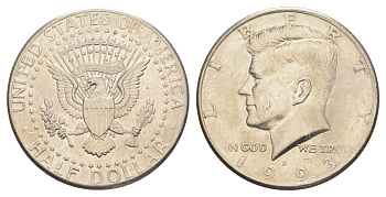 США 1/2 доллара (50 центов) 1993 D, Джон Кеннеди KM A202b медь плакированная медно-никелем aUNC 4382-214