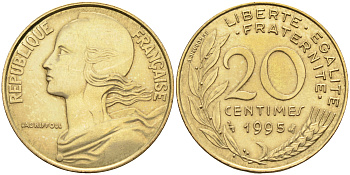 Франция 20 сантимов 1995 тип Marianne KM 930, Le Franc 156.39 медь алюминий никель    4177-141