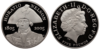 Великобритания 5 фунтов 2005 Елизавета II (1952-2022), 200 лет со дня смерти Горацио Нельсона, тираж 30000 экземпляров, в оригинальной коробке, с сертификатом KM 1054a, Spink L15 серебро  PROOF  4-2-23