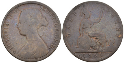 Великобритания 1/2 пенни 1861 Виктория (1837-1901) KM 748.2, Spink 3956 бронза 4610-635