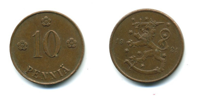 Финляндия 10 пенни 1921 республика (1918-1962) KM 24 медь 46-169