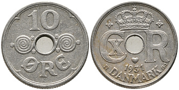 ДАНИЯ 10 ЭРЕ 1931 N; GJ, КРИСТИАН X (1912-1947), LARGE N KM 822.2 медно-никель 100-721