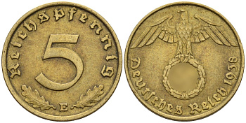 Германия 5 рейхспфеннигов 1938 E KM 91, J. 363 алюминиевая бронза 4151-846