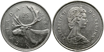 КАНАДА 25 ЦЕНТОВ 1989 ОЛЕНЬ, ЕЛИЗАВЕТА II (1952-) KM 74 никель 3336-243