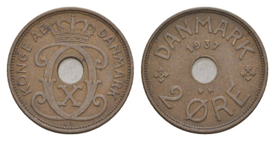 Дания 2 эре 1937 N, Кристиан X (1912-1947) KM 827 бронза 4658-247