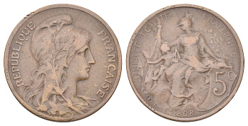 Франция 5 сантимов 1898 KM 842, Le Franc 119.5 бронза 4707-1034