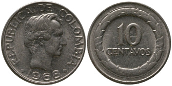 Колумбия 10 сентаво 1968 KM 226 сталь плакированная никелем 4576-1064