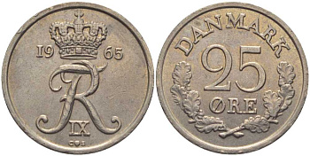 ДАНИЯ 25 ЭРЕ 1965 С;S, ФРЕДЕРИК IX (1947-1972) KM 850 медно-никель 202-731