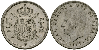 Испания 5 песет 1975 (79) Хуан Карлос I (1975-2014) KM 807 медно-никель 4138-1052