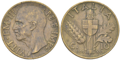 Италия 10 чентезимо 1939 KM 74a алюминиевая бронза 4621-922