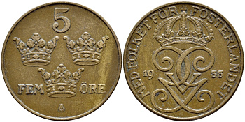 Швеция 5 эре 1933 Густав V (1907-1950) KM 779.2 бронза XF 4394-925