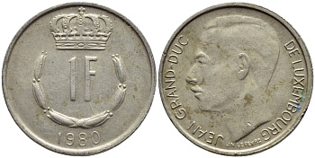 ЛЮКСЕМБУРГ 1 ФРАНК 1980 ВЕЛИКИЙ ГЕРЦОГ ЖАН KM 55 медно-никель 4397-447