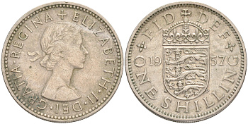 Великобритания 1 шиллинг 1957 Елизавета II (1952-2022), Английский герб KM 904, Spink 4147 медно-никель 4556-627