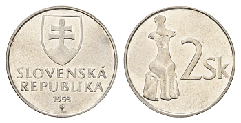 Словакия 2 кроны 1993 KM 13 сталь плакированная никелем 4673-1243