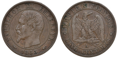Франция 5 сантимов 1853 A, Наполеон III (1852-1870) KM 777.1, Le Franc 166 бронза 4167-213