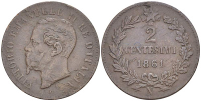 ИТАЛИЯ 2 ЧЕНТЕЗИМО 1861 N, МОНДВОР НЕАПОЛЬ, ВИКТОР ЭММАНУИЛ II (1861-1878) KM 2.2 медь 4182-1215