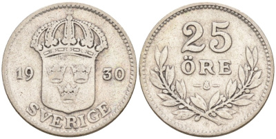 Швеция 25 эре 1930 G, Густав V (1907-1950) KM 785 серебро 4380-1025