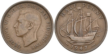 Великобритания 1/2 пенни 1947 Георг VI (1936-1952) KM 844, Spink 4115 бронза 4126-751