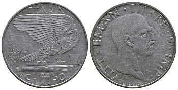 ИТАЛИЯ 50 ЧЕНТЕЗИМО 1939 R, ВИКТОР ИМАНУИЛ III, НЕ МАГНИТНАЯ, XVII ГОД KM 76а сталь 51-334