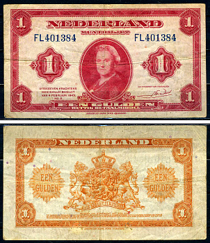 Нидерланды 1 гульден 1943 4 февраля 1943, Вильгельмина I (1890-1948) Pick 64, Akkermans 5.1 бумага 444-64-3-2