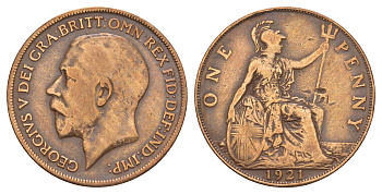 Великобритания 1 пенни 1921 Георг V (1910-1936) KM 810, Spink 4051 бронза 109-343