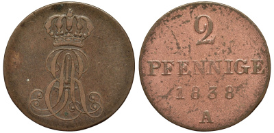 Ганновер 2 пфеннига 1838 A, Эрнст Август (1837-1851) KM 174.1, AKS 122, J. 55 медь 4681-1141