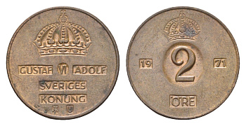 Швеция 2 эре 1971 U, Густав VI Адольф (1950-1973) KM 821 бронза 4702-1037
