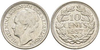 Нидерланды 10 центов 1937 Вильгельмина I (1890-1948) КМ 163 серебро  UNC  4602-526