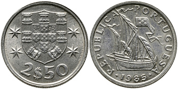 ПОРТУГАЛИЯ 2,5 ЭСКУДО 1985 ПАРУСНИК KM 590 медно-никель 99-1166