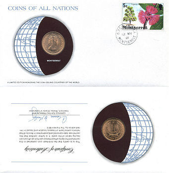 Восточно-Карибские штаты, Монтсеррат 1 цент 1965 конверт с маркой первого дня гашения, Coins of Nations KM 2 бронза UNC 4294-64-2