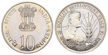 Индия 10 рупий 1975 ФАО - Год женщин, с вкладышем с полной информацией о монете KM 190 медно-никель BU 1083-4-51