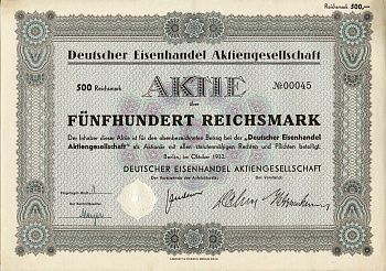 Германия 500 рейхсмарок 1932 Немецкое акционерное общество по торговле железом, акция   бумага   8801-70-1