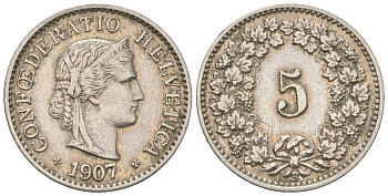 Швейцария 5 раппенов 1907 B KM 26 медно-никель 4160-358