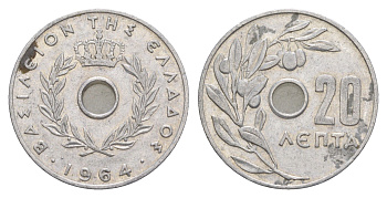 Греция 20 лепт 1964 Павел I (1947-1964), оливковая ветвь KM 79 алюминий 4573-1131