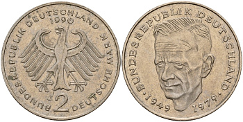 ФРГ 2 марки 1990 J, Курт Шумахер KM 149, J. 424 медно-никель 4159-1251